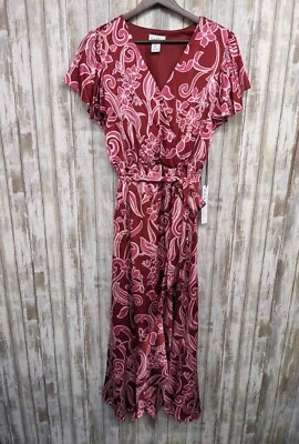 Nicole Miller Pink Floral Satin Ruffle Flutter Sleeve Wrap Maxi Dress Small NWT  - Image 1 of 4