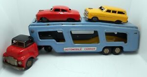 1960's AUTOMOBILE CARRIER + 2 cars friction tin toys SSS Japan vintage
