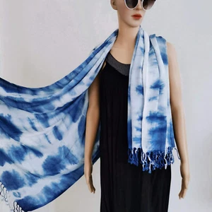 Indigo Tie Dye Cotton Scarf, Hand Dyed Shibori Shawl Wrap with Fringe, 37''x78'' - Picture 1 of 15