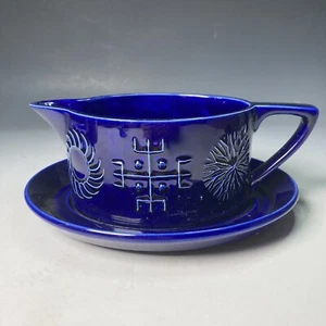 PORTMEIRION Cobalt Blue Totem gravy or sauce boat & stand or plate - Picture 1 of 20