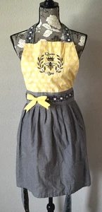 KAY DEE DESIGNS black gray yellow Queen Bee Apron One Size EUC - Picture 1 of 7