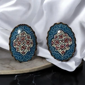 Hermosos Pendientes Antiguos Persa Azul Cerámica Flor Latón Tornillo - Imagen 1 de 3