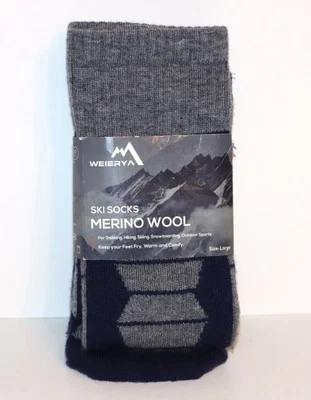 Calcetines de esquí de lana merino Weierya azules y grises 1 par grandes (hombres 7-9,5) (mujeres 8-11) Foto 1 de 4