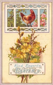 Postal: Saludos cordiales para Pascua, pollo en ventana, flores, base de datos 1910 - Imagen 1 de 3