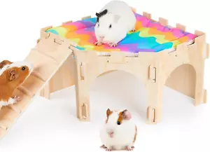 Guinea Pig Hideout Sturdy Wooden Rabbit Large Corner House Castle with Soft Mat - Picture 1 of 1