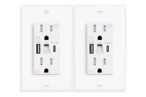 2PK 15A Night Light Outlet, 4.8A USB A/C, Tamper-Resistant, Wall Plate Included - Picture 1 of 22