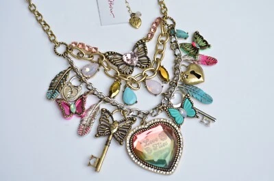 Betsey Johnson Boho Butterfly Charm Key Heart Feather Love Necklace - Image 1 of 4