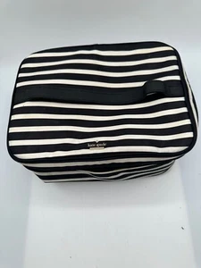 Kate Spade Black White Stripe Nylon Saffiano Trim Cosmetic Bag Travel Case - Picture 1 of 9