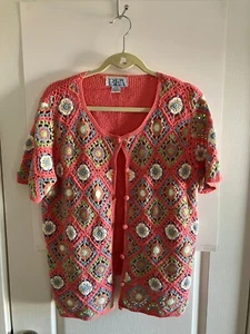 Cardigan vintage all'uncinetto Granny Square rosa verde BFA donna taglie forti XLP cottage - Foto 1 di 12