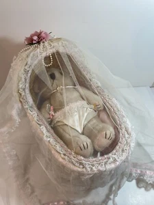 Vintage Baby Bear Doll in a Bassinet it is a Girl  - Picture 1 of 13