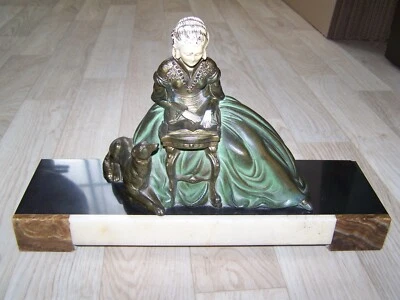 R. Miandres (XIX-XXe) Sculpture Art Déco régule  "Liseuse et Son Chien" - Photo 1/4