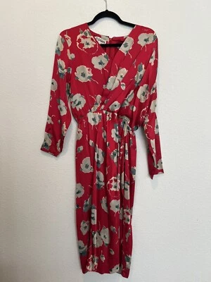 Vestido estilo envolvente de seda rojo BILL BLASS vintage plisado cuello en V para mujer talla 6 floral Foto 1 de 4