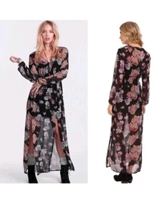 MinkPink Women's Floral Maxi Sheer Dress Black Long Sleeve Split Hem Size M - Picture 1 of 10