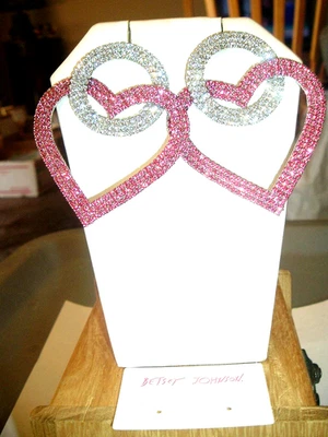 LARGE OPEN CRYSTAL SILVER CIRCLES WITHIN PINK OPEN HEART Betsey Johnson EARRINGS - Image 1 of 4