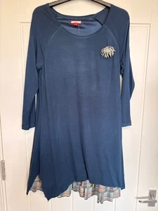JOE BROWNS, Navy Jersey Shift Dress w/Checked Ruffle Hem & Brooch, UK Size 12 - Picture 1 of 14
