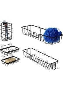 Amazon Basics Adhesive Stainless Steel Shower Caddy, Black, Set of 5 - Picture 1 of 4