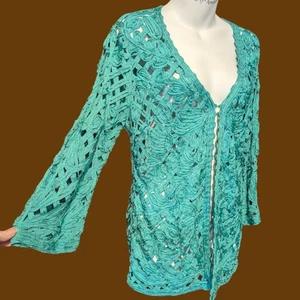 Tapework Soutache türkis grün Strickjacke Staubtuch offenes Band Spitze Abendtop S M 6I - Bild 1 von 10