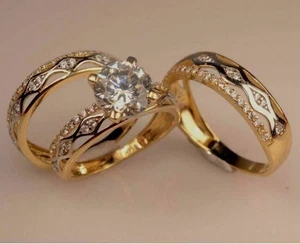 8mm Round Cut D/VVS1 Moissanite Trio Engagement Ring Sets 14K Yellow Gold Plated - Picture 1 of 8