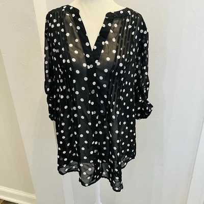 CHAUS NEW YORK Women’s Large  B&W Polka Dot Chiffon Blouse Roll Sleeve (A0126) - Image 1 of 4