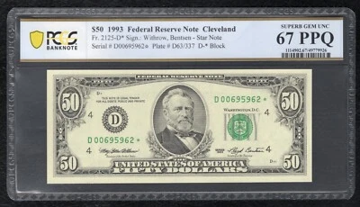 FR. 2125-D* 1993 $50 *STAR* FRN CLEVELAND, OH PCGS BANKNOTE GEM UNC-67PPQ (O) - Image 1 of 2