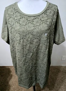 2X Basic Editions NWT womens top blouse olive green lace overlay short sleeve - Picture 1 of 3
