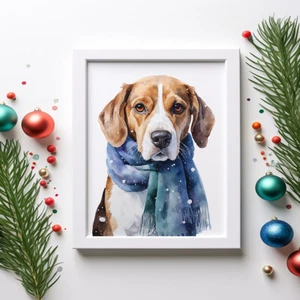 Estampado de bufanda Beagle in a Winter, pintura acuarela moderna, retrato de mascotas - Imagen 1 de 10