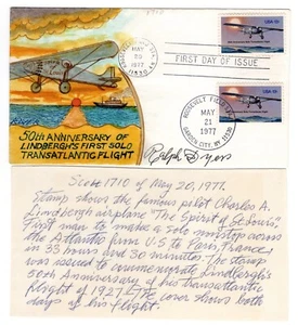 #1710 Lindbergh Solo Flight 1977 FDC Ralph Dyer Hand-painted - Picture 1 of 2
