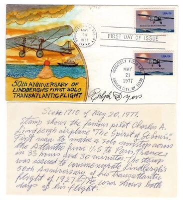 #1710 Lindbergh Solo Flight 1977 FDC Ralph Dyer Hand-painted  - Image 1 of 2