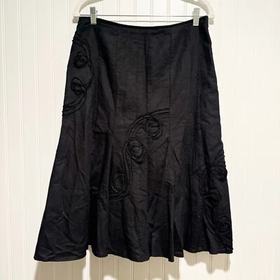 Per Una Black Linen A Line Skirt Linen Blend Appliqués Lagenlook Size 10 - Image 1 of 4