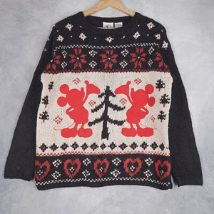 Vintage Disney Sweater Womens M/L Black Knit Fair Isle Hearts Mickey Mouse 90s - Picture 1 of 24
