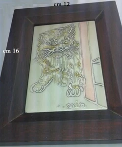 Quadro altorilievo in argento 925 con smalti "gatto"  con cornice legno ARIN - Foto 1 di 1