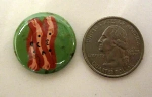 Cute Cartoon Strips of Bacon with Faces Jacket Hat Lapel Button Pin Green Brown - Picture 1 of 1