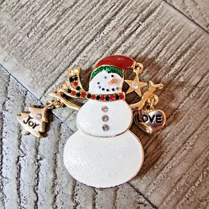 Glitter Snowman Christmas Brooch Pin Gold Tone Rhinestone Joy Love Sparkly 2 in - Picture 1 of 24