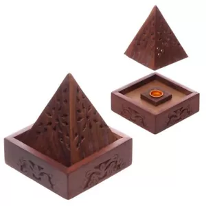 Sheesham Wood Pyramid Incense Box Cone Burner Holder with Flower Fretwork - Picture 1 of 4