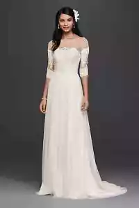 Galina Size 0 Ivory Wedding Dress Illusion Bodice w/Lace Sleeves STYLE# WG3817 - Picture 1 of 22