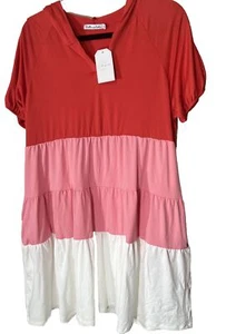 NWT Culture Code Hooded Dress Sz M Babydoll Color Blocked Red Pink Tiered New - Picture 1 of 6