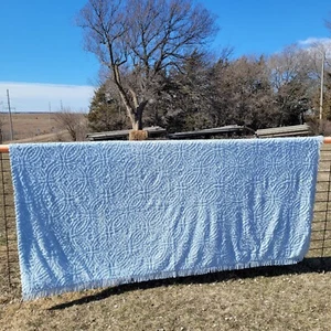 Vtg Blue Chenille Bedspread Blanket 112 by 106" 100% Cotton Queen/King Fringe - Picture 1 of 5