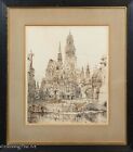 Exquisite Antique Watercolor Ink Drawing of Evreux Notre Dame Cathedral Spires