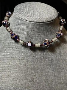 Perlen Kunst Glas Halskette Marineblau, Weinrot, Millefiori Matt 14,5" L Halsband - Bild 1 von 5