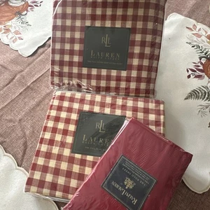 Ralph Lauren VTG Cold Springs Red Gingham Fitted & Flat Sheets Barn Red Cases - Bild 1 von 10