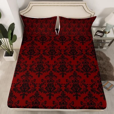 Sábana Ajustable Damasco Rojo Negro Tamaño Completo, Vintage Gótico Encaje Estampado Floral Suave... Foto 1 de 4