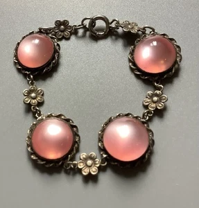 Vintage Silver Bracelet Pink Cabochon Stones Ornate Bezel - Picture 1 of 9