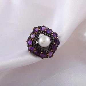 Natural Amethyst Gemstone 925 Sterling Silver Pearl Ring Pave Sapphire Jewelry - Picture 1 of 5