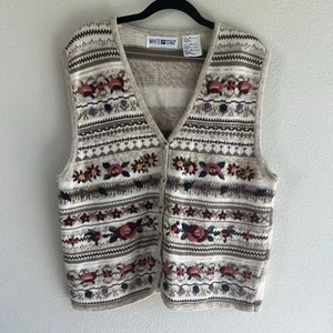 Vintage White Stag Floral Knitted Sweater Vest Button Cottage Granny Embroidery - Picture 1 of 5