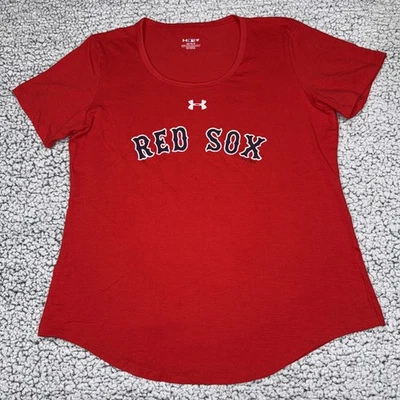 Boston Red Sox Camisa Mujer L Under Armour Camiseta Azul Marino Rojo Algodón Elástico MLB Foto 1 de 4
