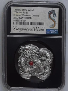 2024 1oz Fiji Chinese Whiskered Dragon NGC MS70 Antiqued - Picture 1 of 2