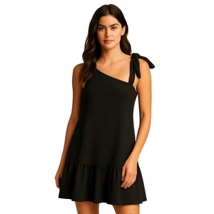 Free People Black Boho Cottagecore One-Shoulder Ruffle Hem Dress Size Large - Picture 1 of 5