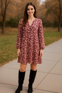 Damen 89th & Madison Langarm Kleid L rot beige geblümt - Bild 1 von 9