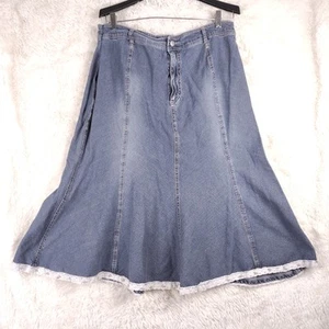 Live a Little Skirt 22 W Blue Denim Long Lace Ruffle Modest Flare Sequins Y2K - Picture 1 of 10