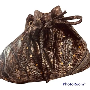 Drawstring Shoulder Bag Black Multicolor Foil Snakeskin Print Handbag 12x18x2” - Picture 1 of 9